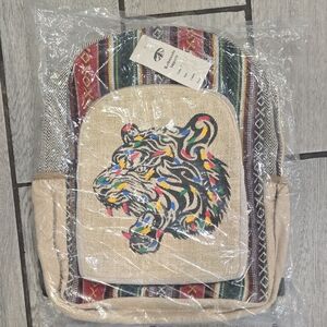 Kathmandu Imports Hemp Boho Backpack‎ Tiger Embroidered Handmade Nepal Eco Frdly